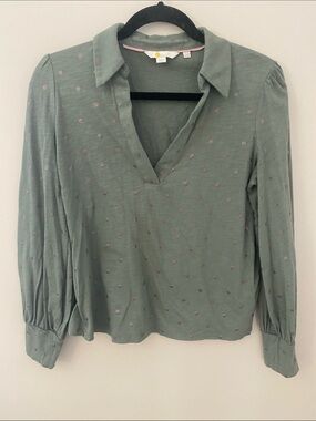 Boden Sage Green Collared V-Neck Blouse with Pink Dot Embroidery